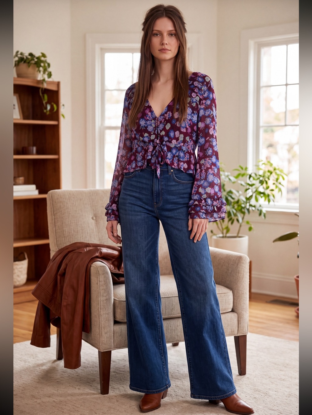 Free People Maybel Blouse in Shiraz Combi Ruffle Tie-Front Blouse in Purple Mix